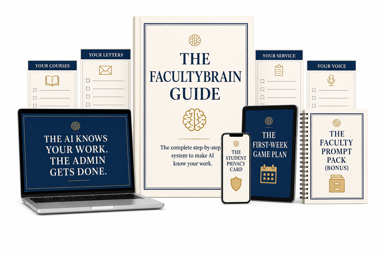 The full FacultyBrain bundle: the Guide, the First-Week Game Plan, the Daily Playbook, the Faculty Prompt Pack, and the Student Privacy Card.