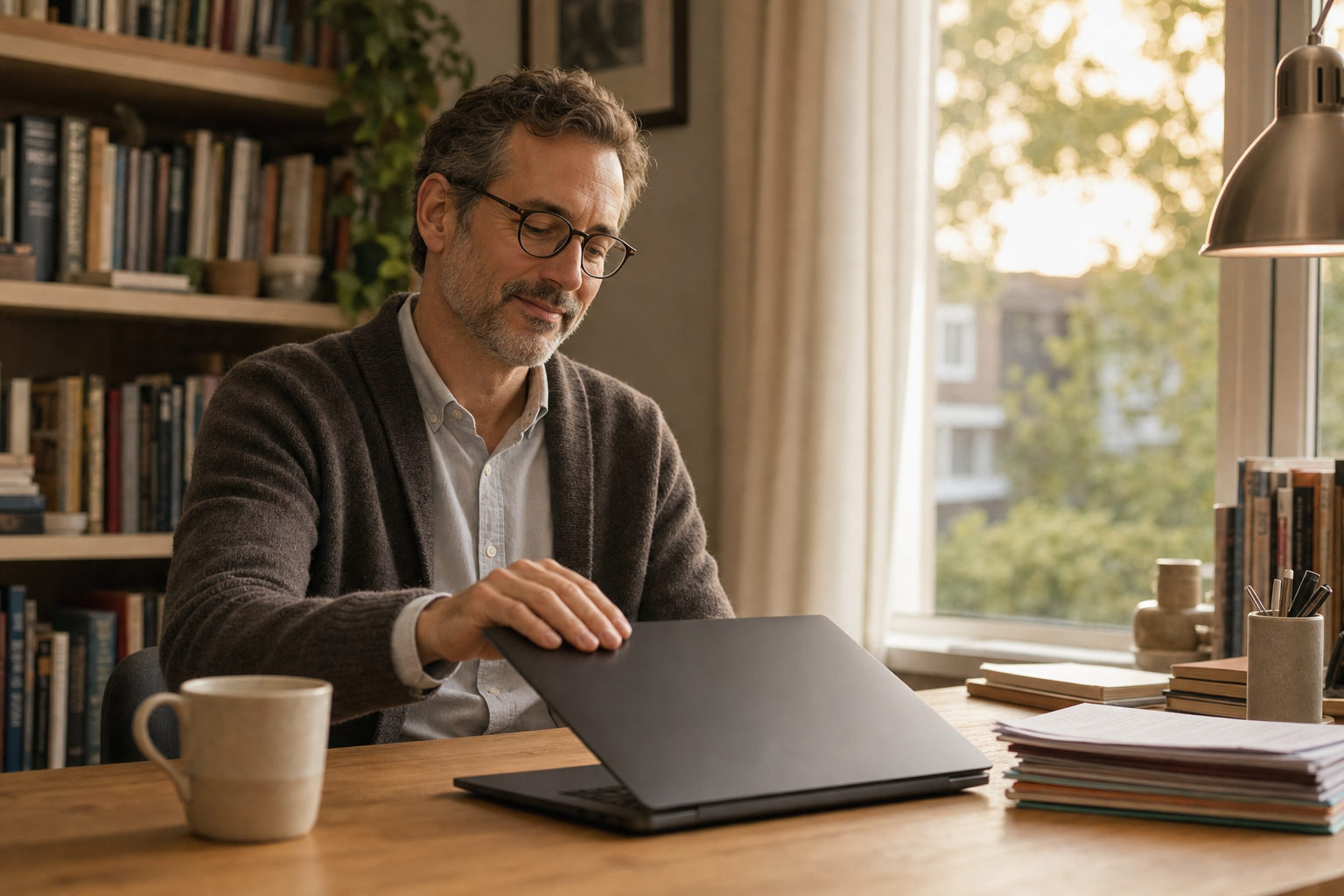 A professor gently closing a laptop in soft early-evening light, done for the day.