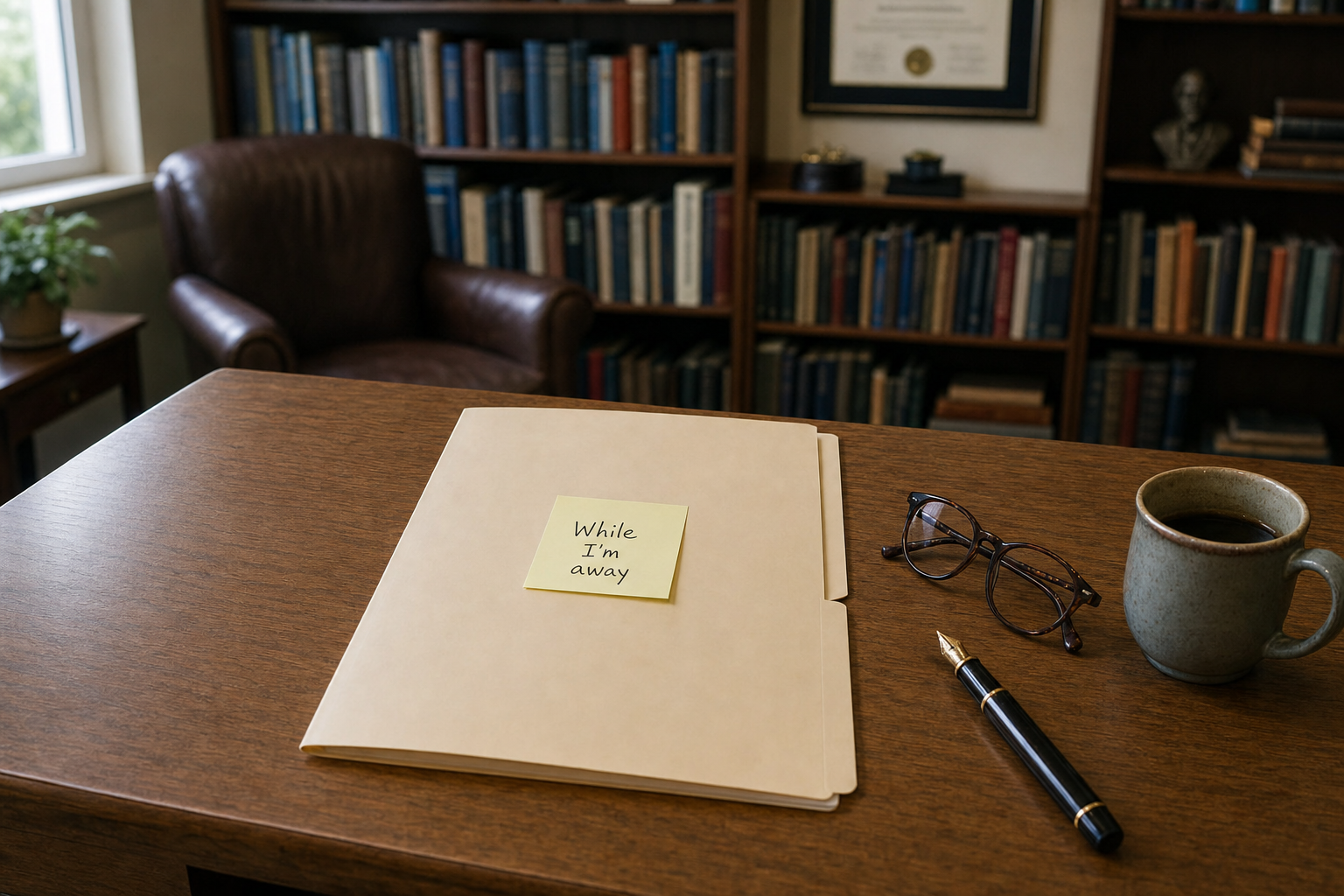 A manila folder on a professor's desk with a handwritten sticky note that reads While I'm away.