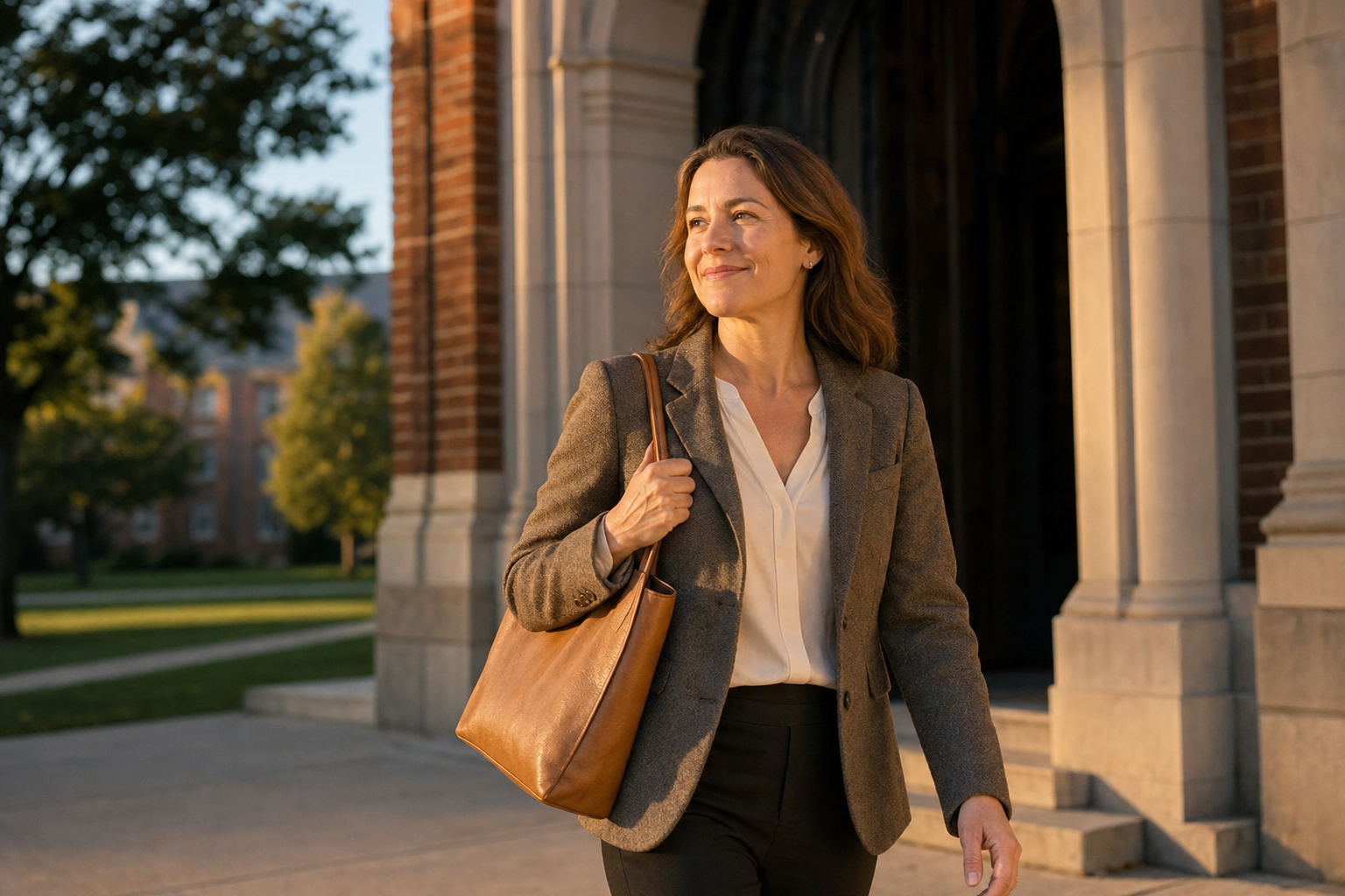 A professor walking out of a university building into late-afternoon sun with a light bag over one shoulder.