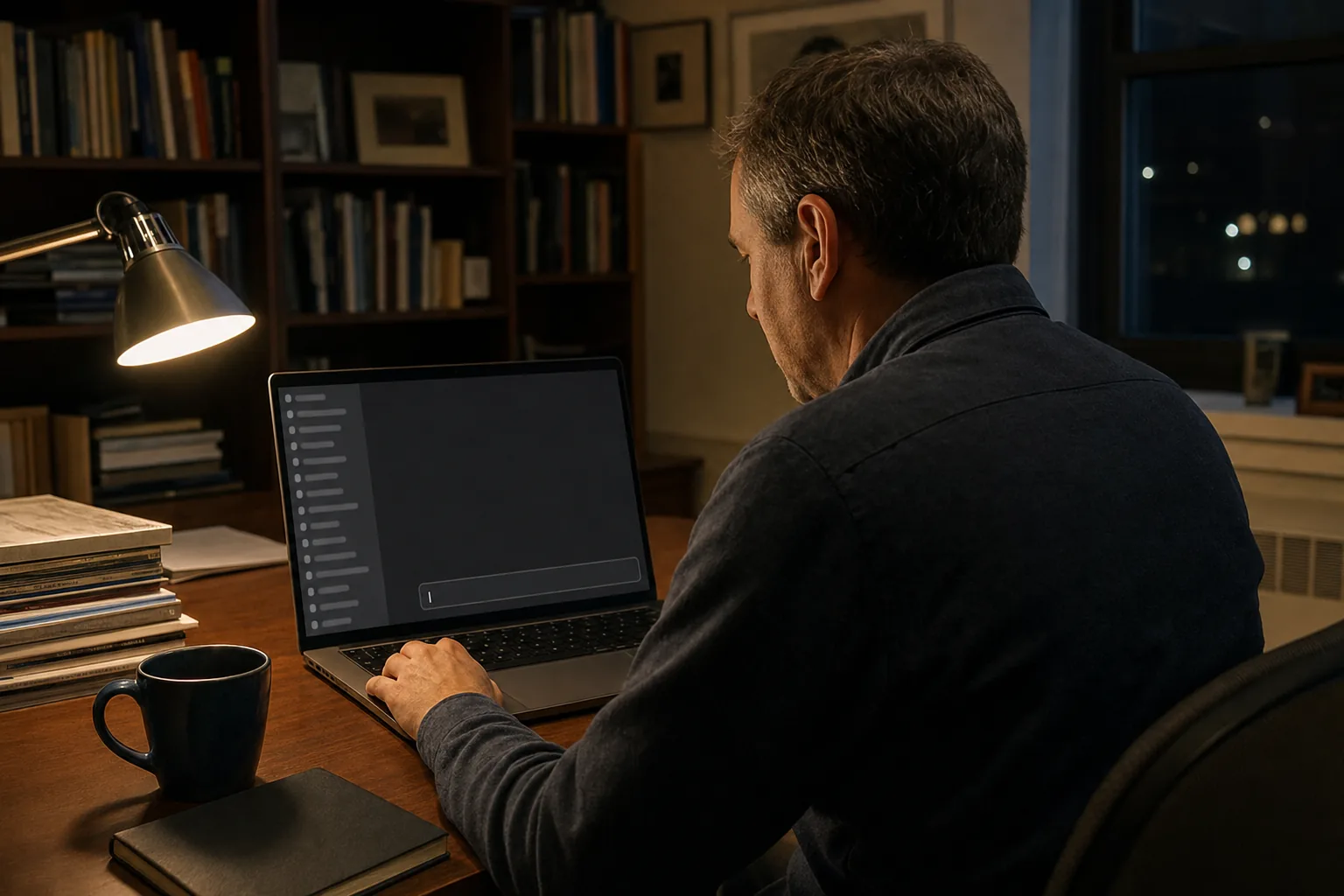 A professor at his office desk late at night, a long list of old AI chats on his laptop and a fresh, empty chat waiting.