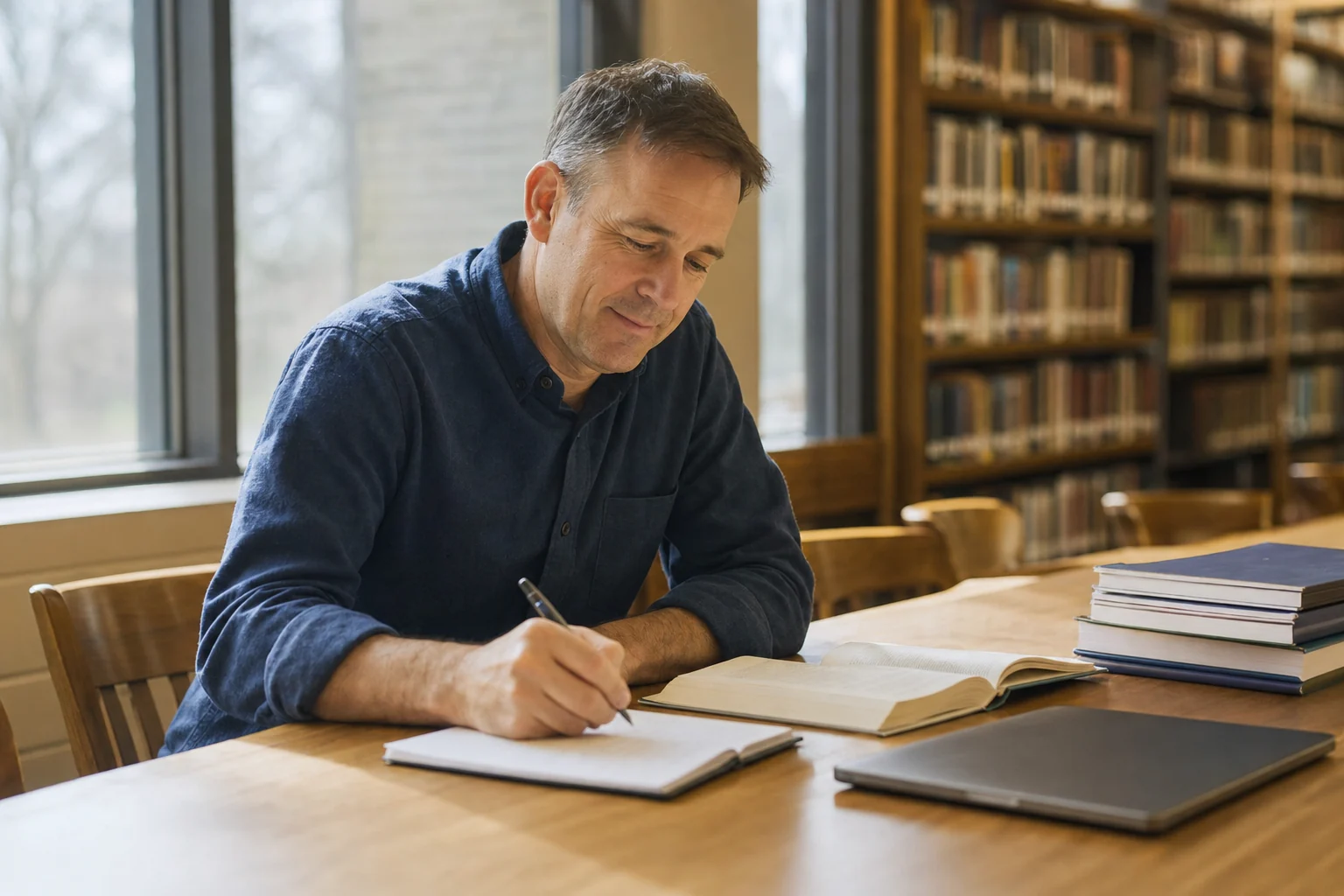 A professor writing in a notebook in a sunlit university library, his laptop closed beside him.