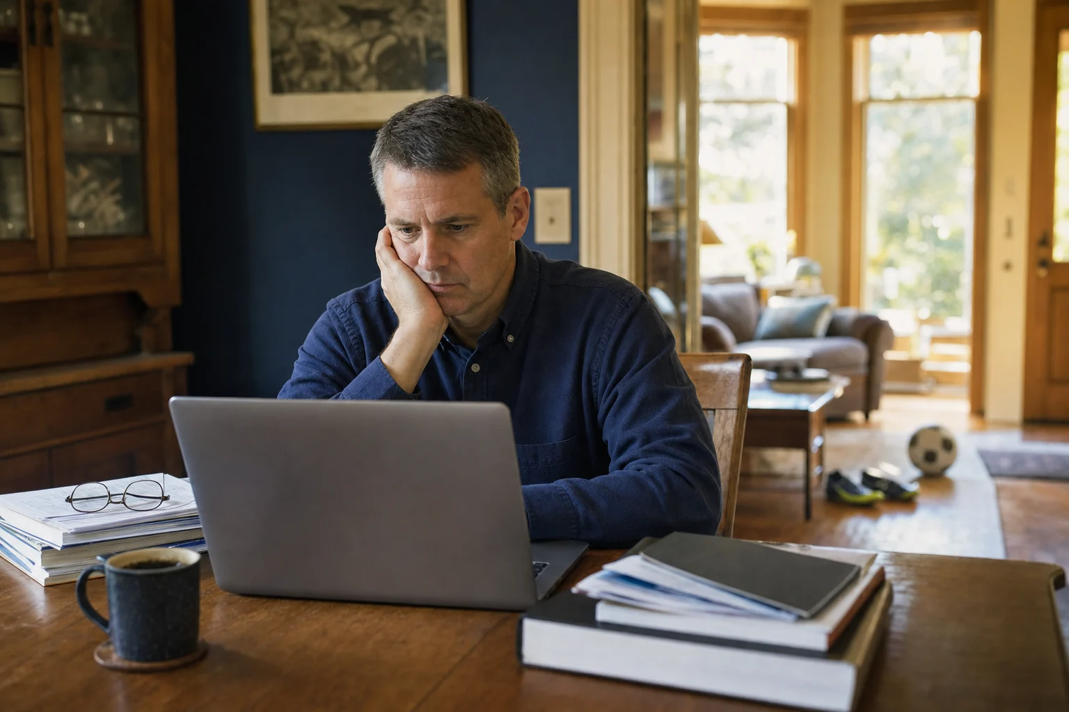 A professor working at his dining table on a Sunday afternoon while the weekend goes on behind him.