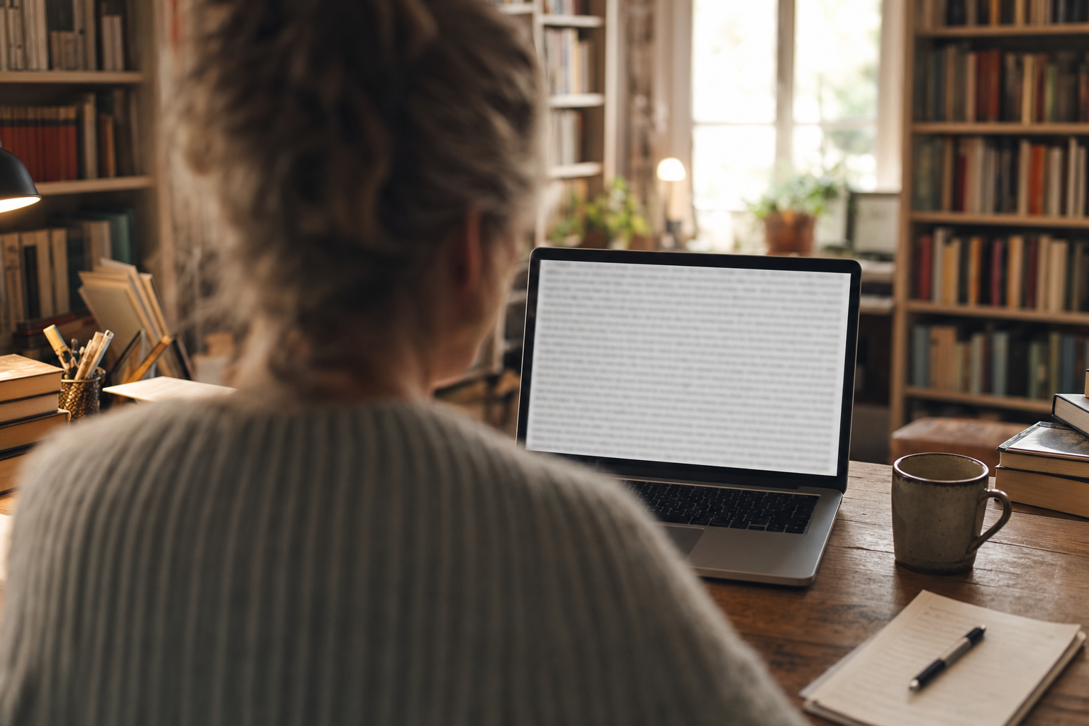Over the shoulder of a professor at his desk: the laptop screen filled with a dense, generic wall of grey text.